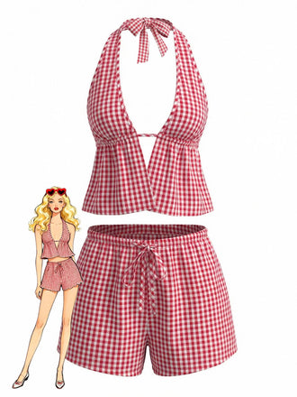 Stylish 2-piece red plaid vintage outfit featuring 1960s-inspired halter top with deep V-neck and matching shorts, perfect for summer festivals and retro parties