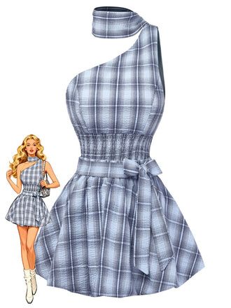 Blue plaid dress with matching headband on a white background