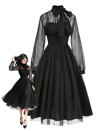 [Pre-Sale] Black 1950s Sheer Mesh Patchwork Lace-Up Dress