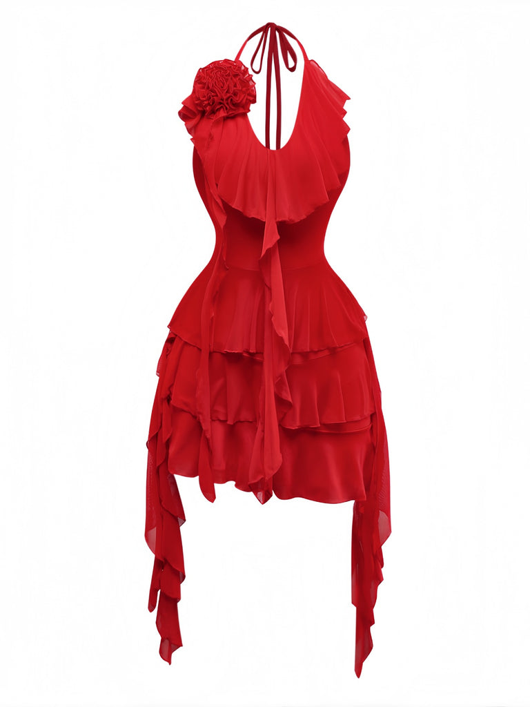 Red 1960s Ruffled 3D Floral Lace-Up Halter Dress