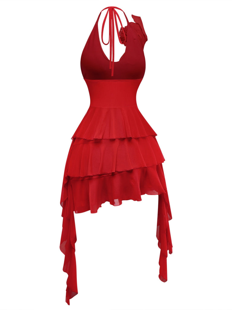 Red 1960s Ruffled 3D Floral Lace-Up Halter Dress