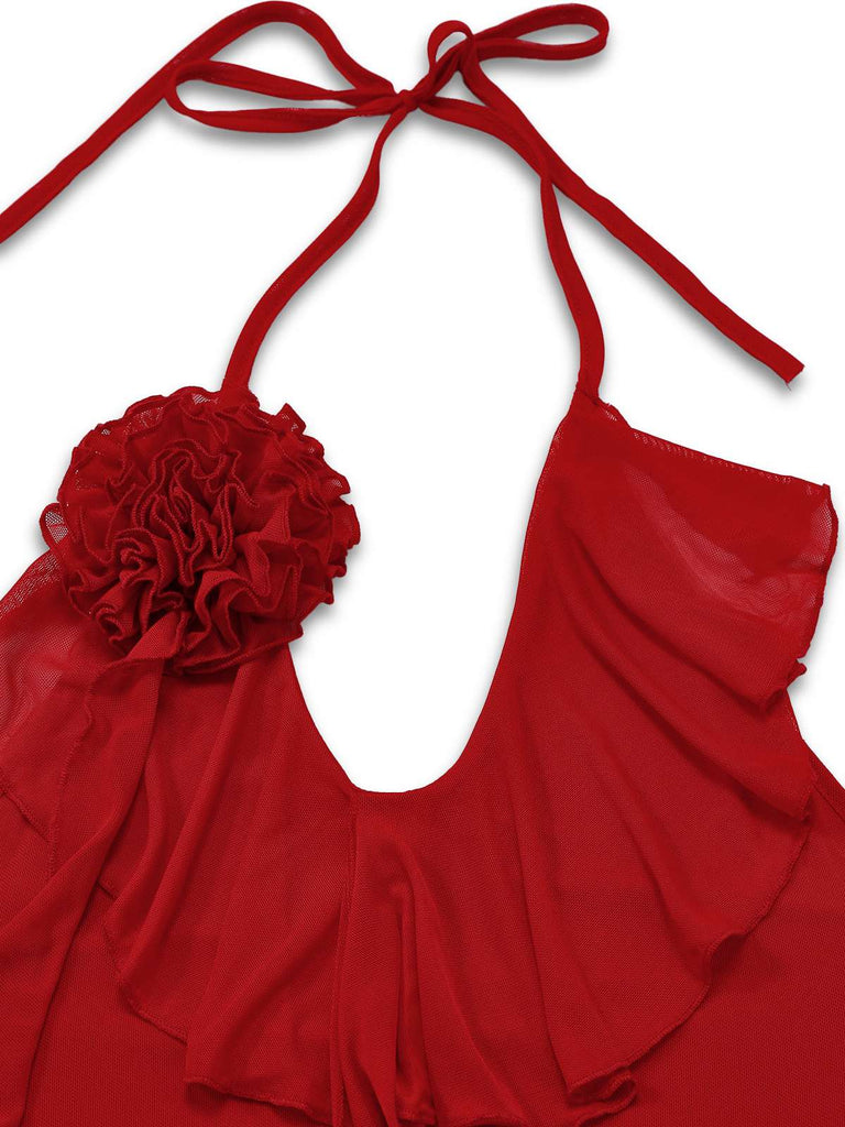 Red 1960s Ruffled 3D Floral Lace-Up Halter Dress