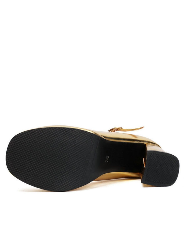 Metallic Square Toe Block Buckle Heels