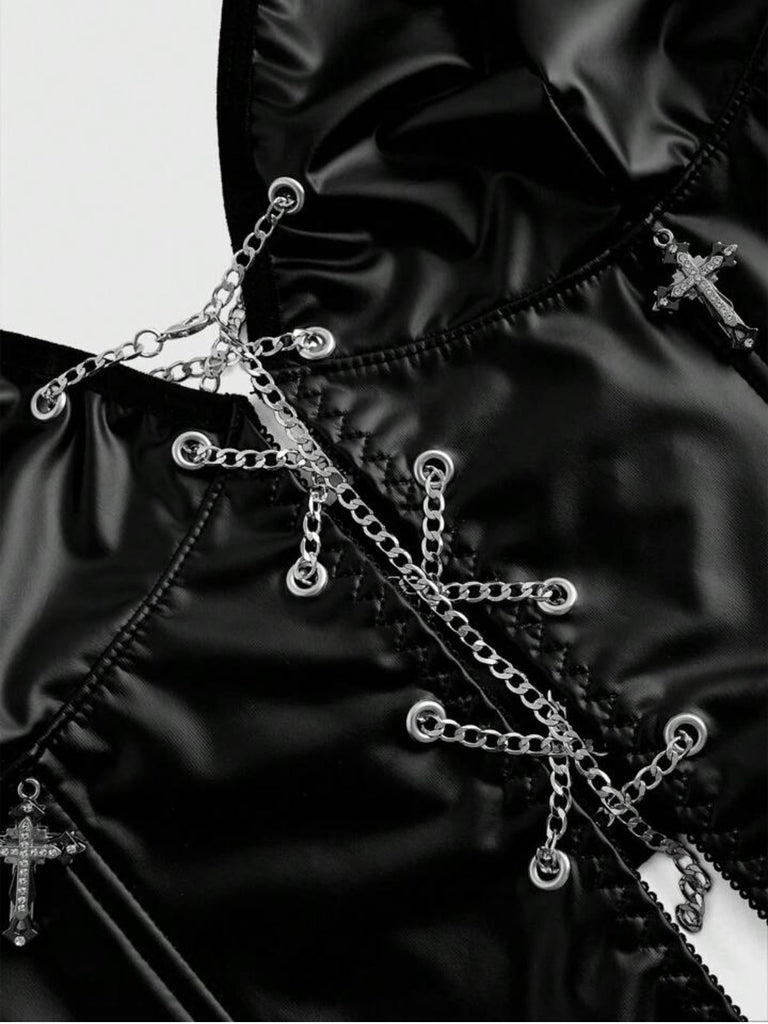Black 1980s Gothic Cross Drawstring Chain Halter Corset