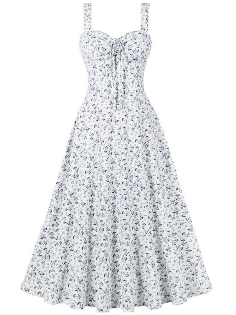 1940s Floral Lace-Up Wide Strap Dress