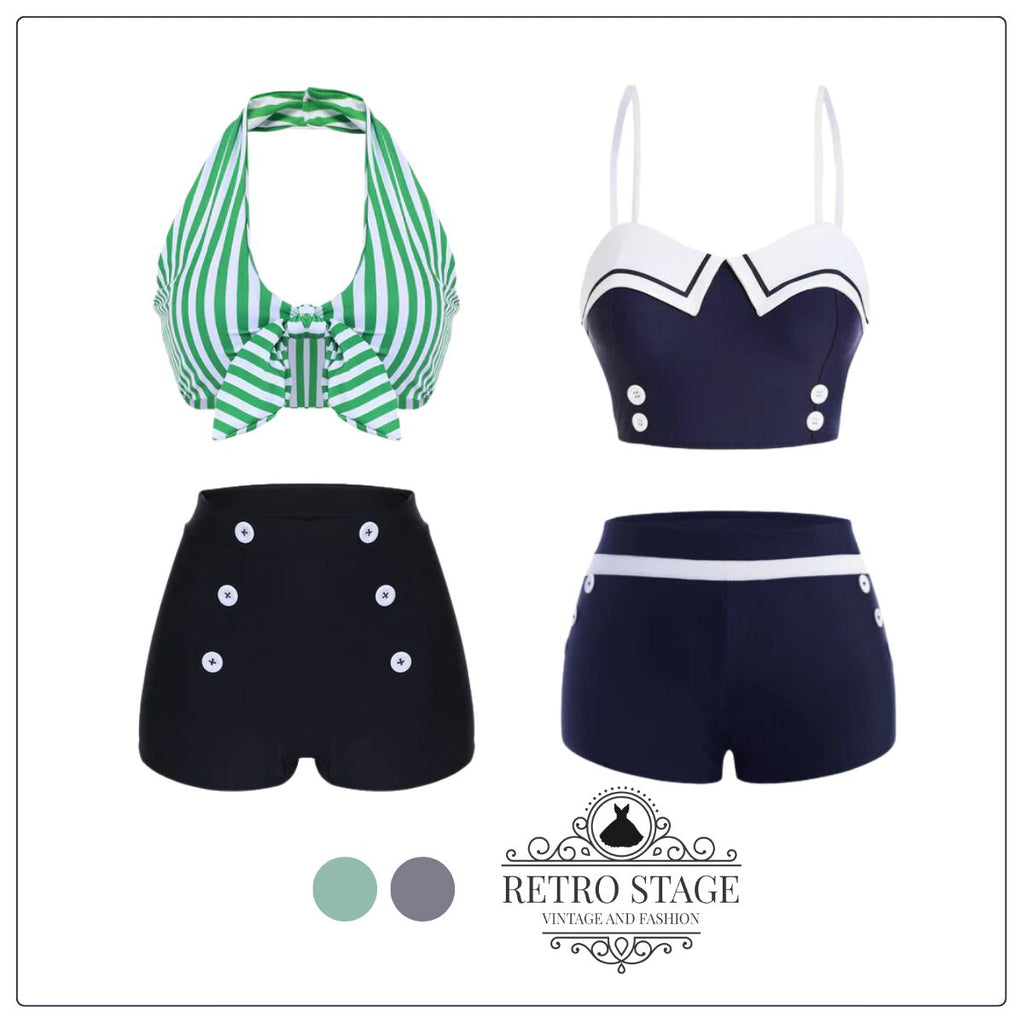 Green 1950s Retro Halter Stripes Bikini Set