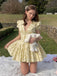 Yellow 1960s Floral Puff Sleeves V-Neck Dress