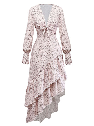 Multicolor 1940s Floral V-Neck Irregular Ruffle Hem Dress