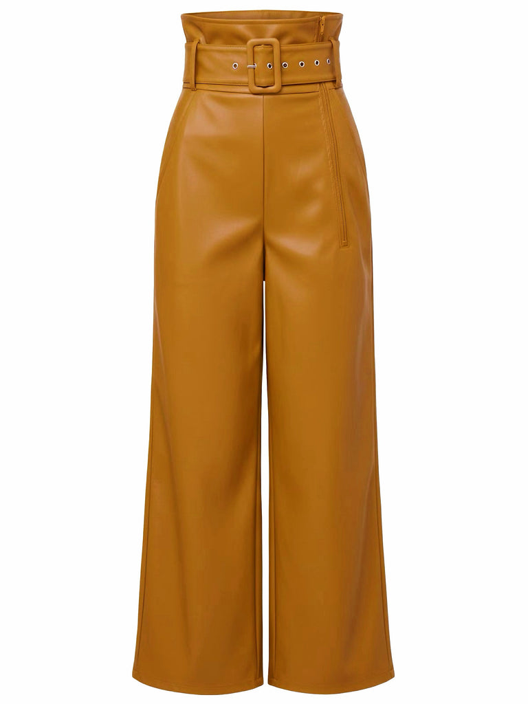1940s High-Waist Metal Belt PU Leather Wide-Leg Pants