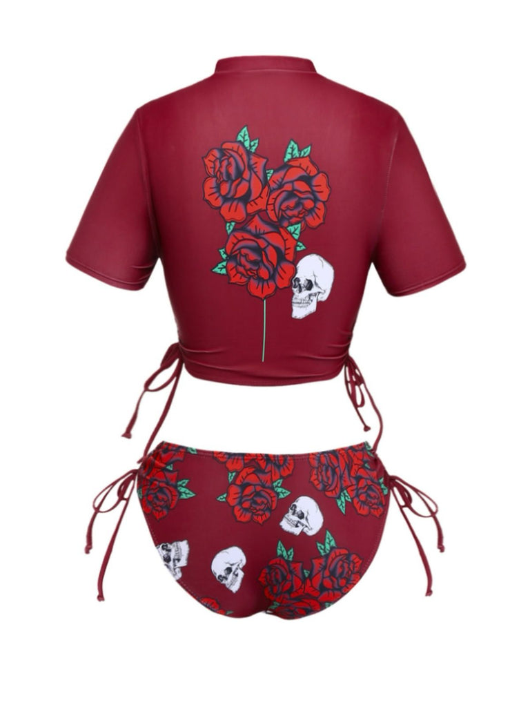 1980s Black Skull Rose Graphic Bikini Set
