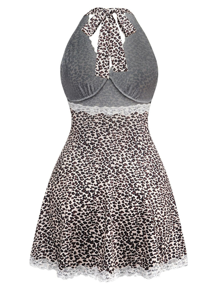 1960s Leopard Print Lace Trim Halter Nightgown