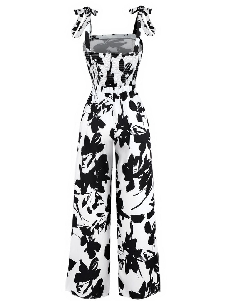 White 1930s Floral Lace-Up Jumpsuit