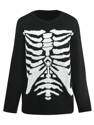 Black 1950s Halloween Skeleton Print Knit Sweater
