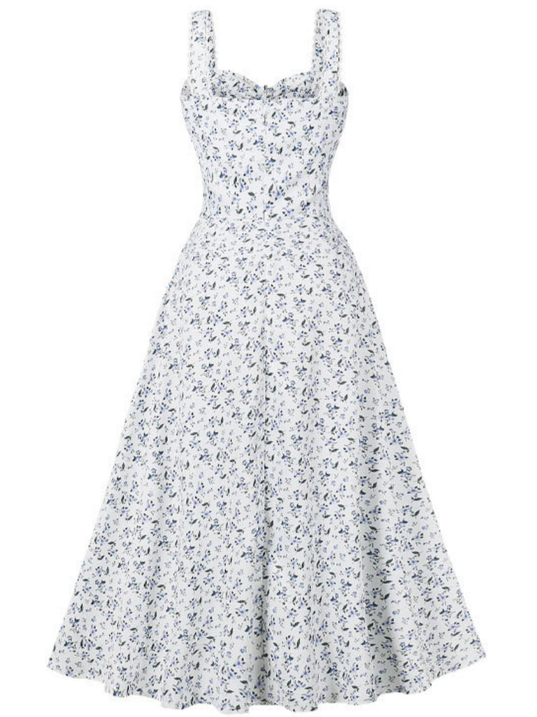 1940s Floral Lace-Up Wide Strap Dress