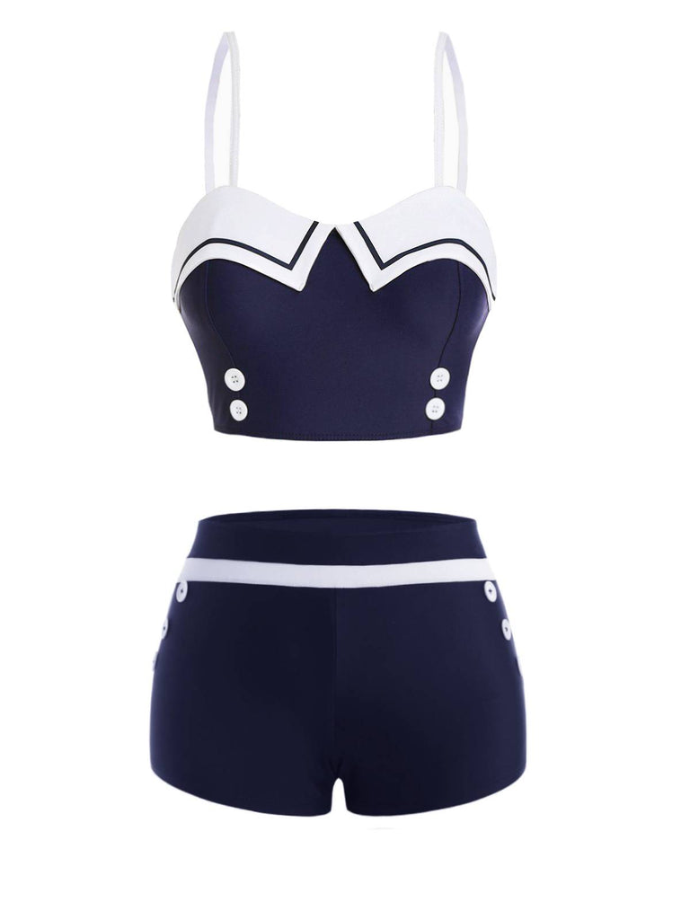 [US Warehouse] Navy Blue 1950s Spaghetti Buttons Swimsuit