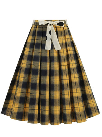 1950s Polka Dot Belt Plaid Pleated Skirt