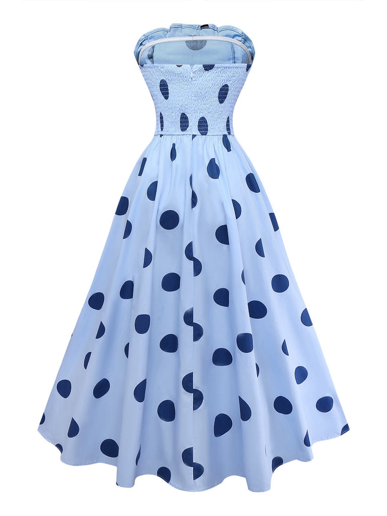 Blue 1940s Polka Dot Strapless Pleated Dress