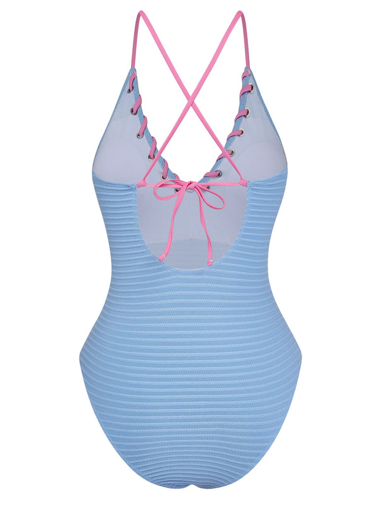 Light Blue 1950s Stripe Lace-Up Ruched One-Piece Swimsuit