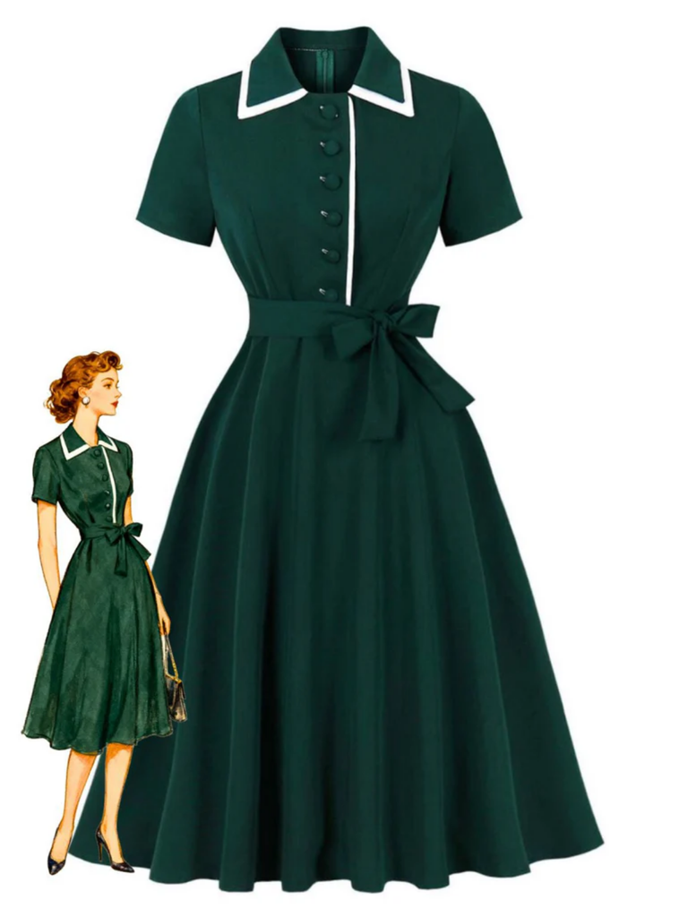 Dark Green 1950s Contrasted Lapel Swing Dress