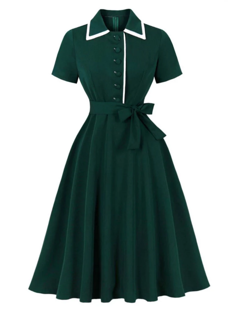 Dark Green 1950s Contrasted Lapel Swing Dress