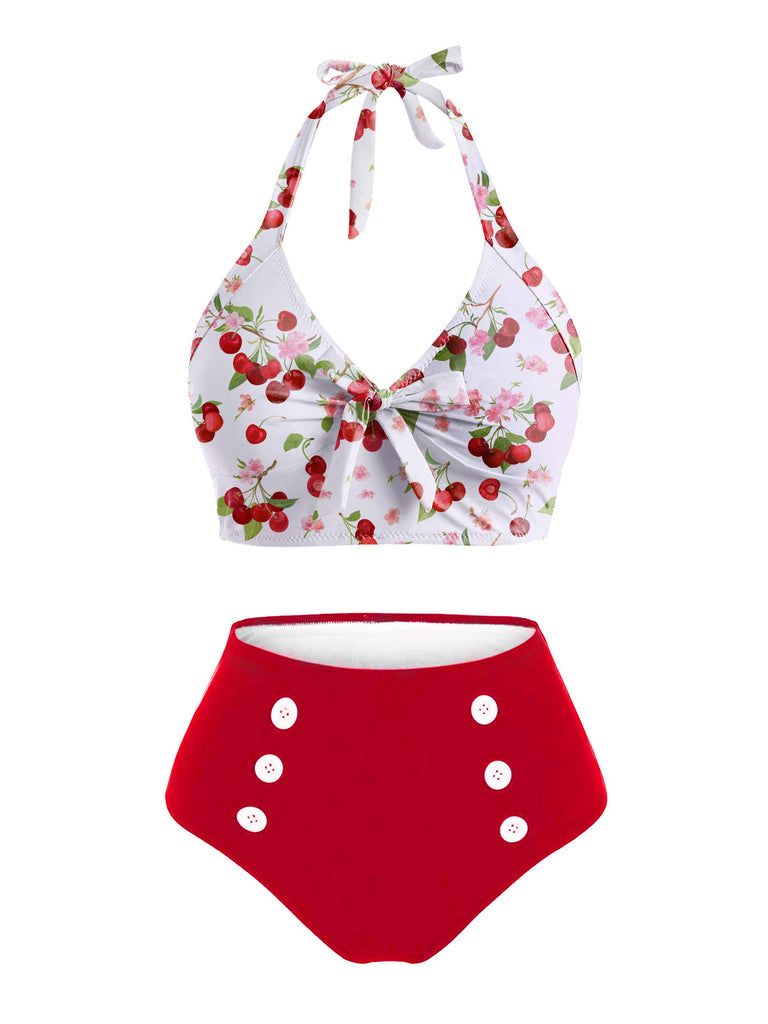 [US Warehouse] 2PCS 1950s Cherry Patchwork Bikini Set