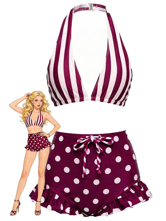 [Pre-Sale] Red & White 1940s Striped Halter Polka Dot Ruffled Swimsuit