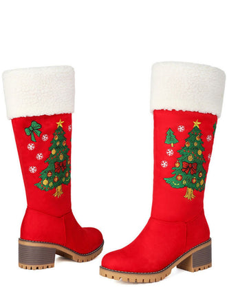 Red Embroidered Christmas Tree Fuzzy Snow Boots