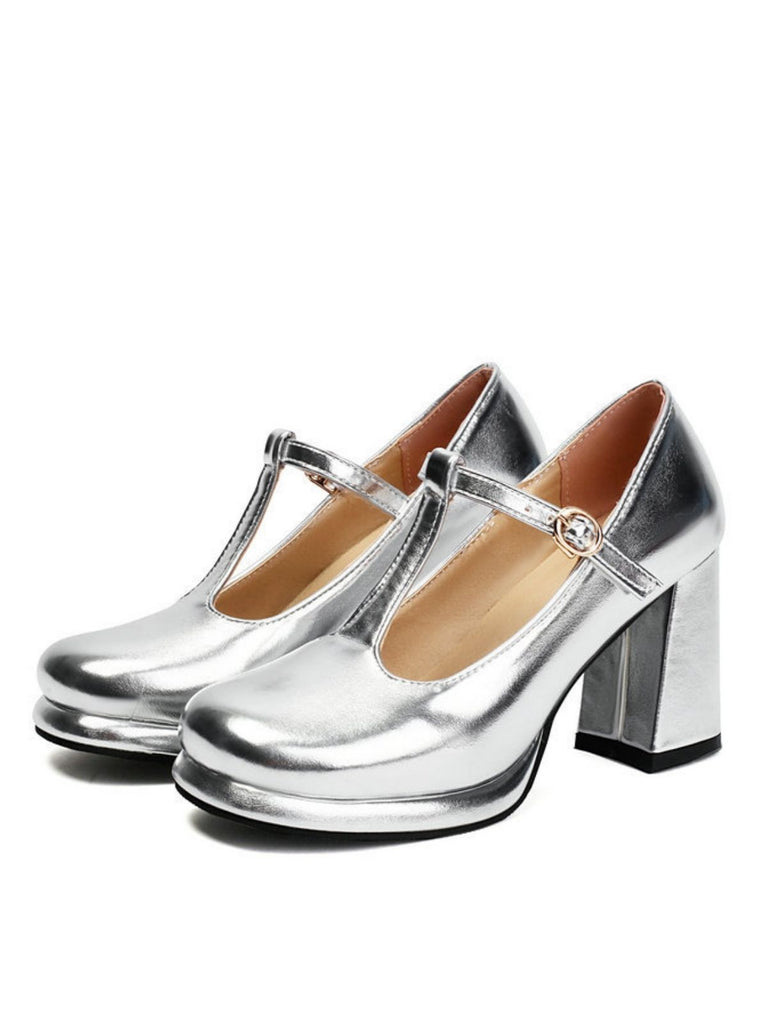 Metallic Square Toe Block Buckle Heels
