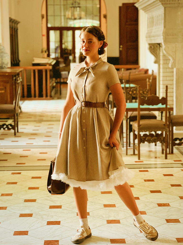 Brown 1940s Small Windowpane Plaid Dress