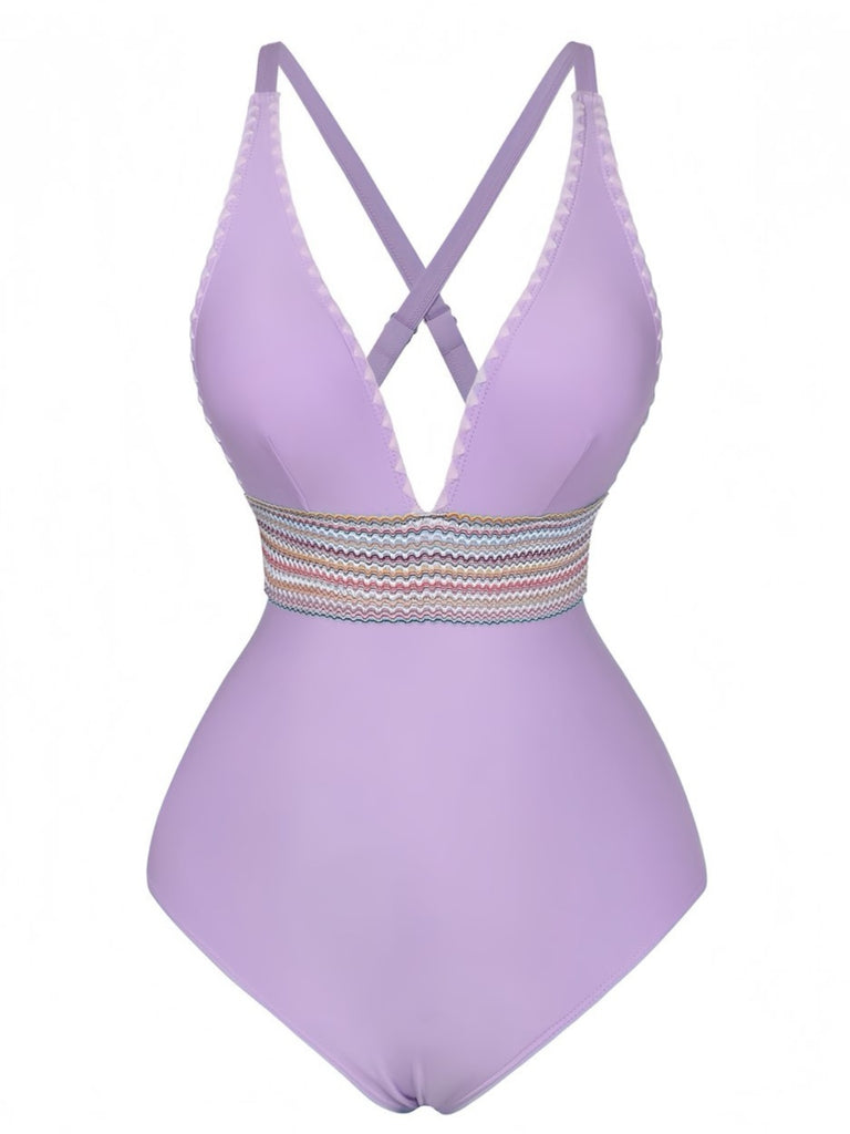 1940s Deep V-Neck Wavy Patchwork One-Piece Swimsuit