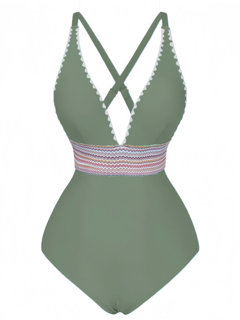 1940s Deep V-Neck Wavy Patchwork One-Piece Swimsuit
