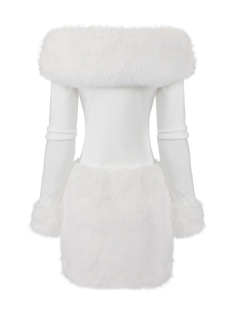 White 1960s Christmas Faux Fur Trim Off-Shoulder Dress