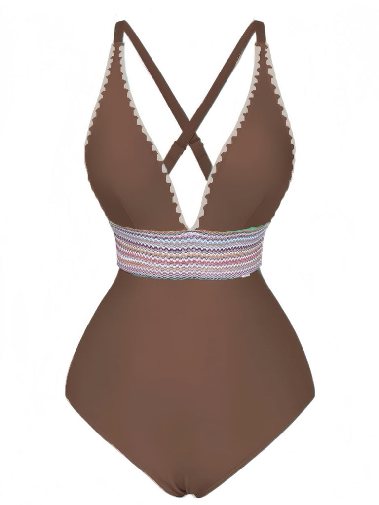 1940s Deep V-Neck Wavy Patchwork One-Piece Swimsuit