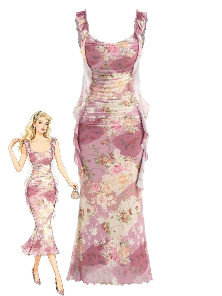 Rose Pink 1960s Floral Ruffle Detail Maxi Dress