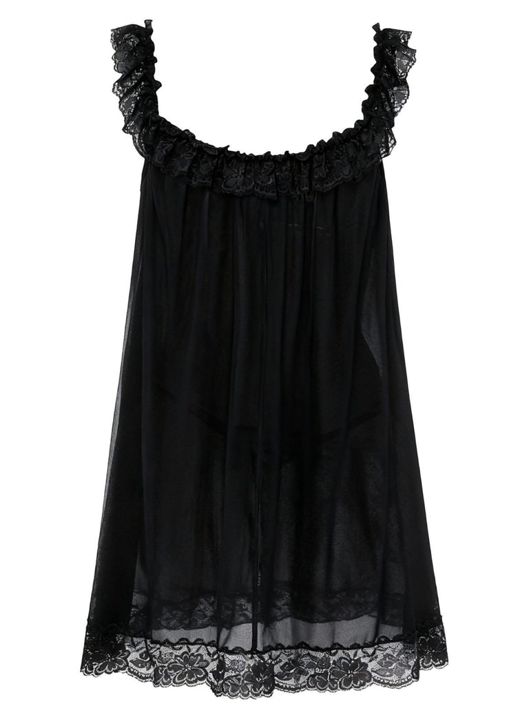 1950s Bow Lace Trim Sheer Mesh Babydoll Nightgown