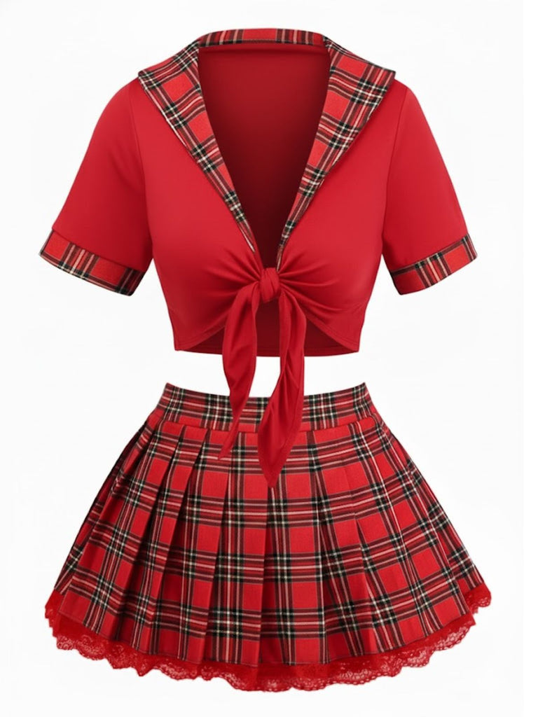 1980s Sexy Lace-Up Plaid Pajama Set