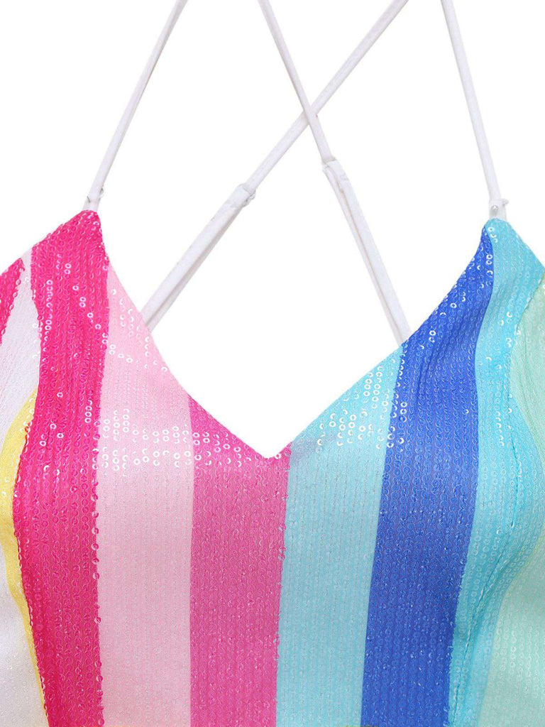 Multicolor 1960s V-Neck Sequined Vertical Striped Jumpsuit