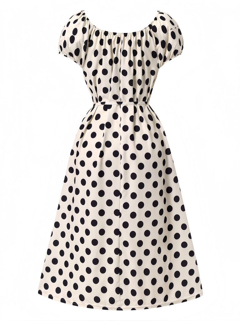 Beige 1940s Polka Dot Puff Sleeves Dress