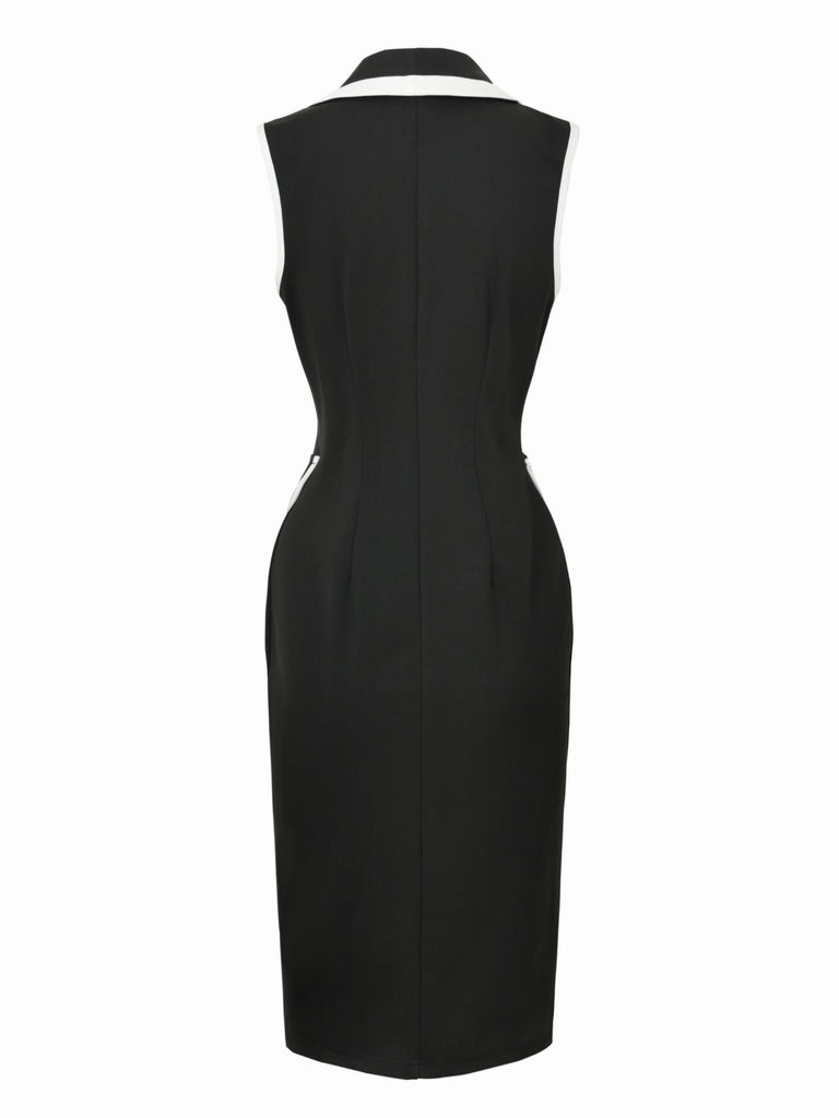 Black 1960s Sleeveless Lapel Button Bodycon Dress
