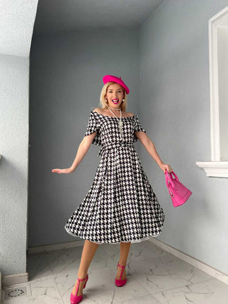Black 1950s Houndstooth Short Sleeve Belted Dress