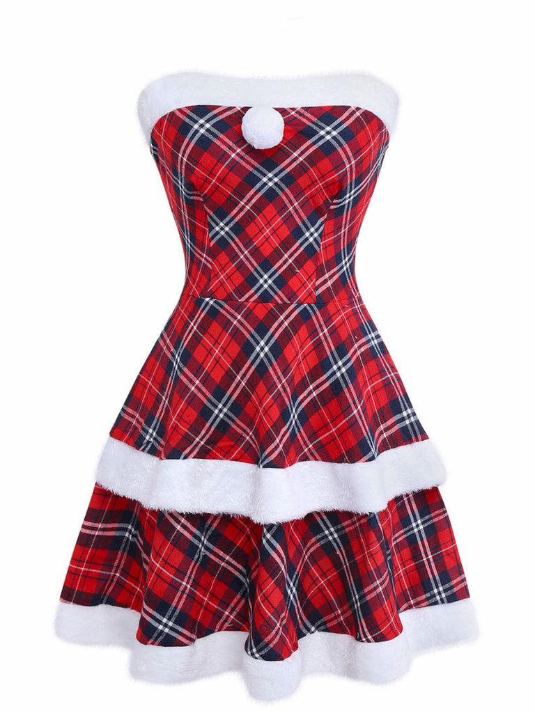 Red 1960s Plaid Strapless Patchwork Dress Set