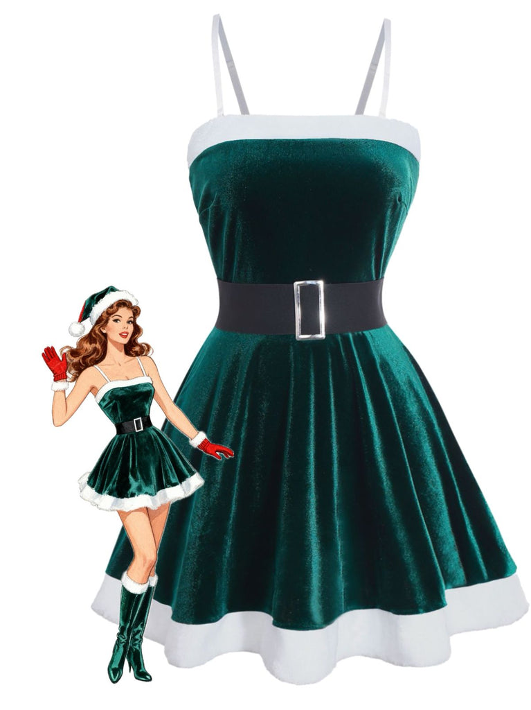 1970s Christmas Velvet Plush Spaghetti Strap Mini Dress