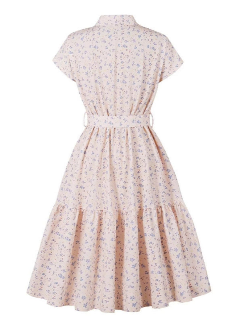 1940s Blazer Collar Floral Belted Dress