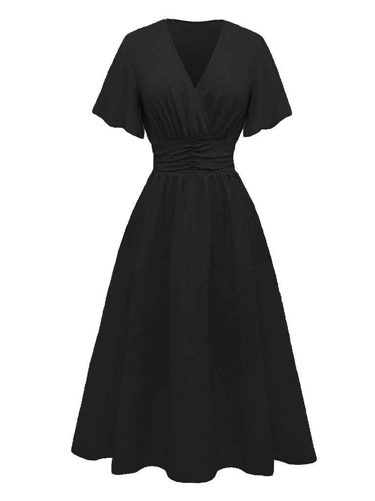 1940s V-Neck Ruffled Sleeve Slit Dress