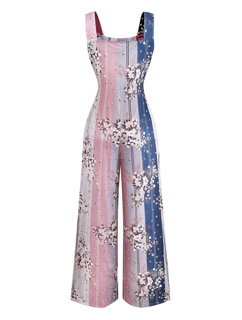 1930s Floral Colorblock High-Rise Suspender Jumpsuit