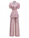 2PCS Pink 1930s Printed Puff Sleeve Belted Blazer & Pants