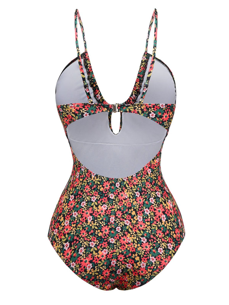 1930s Spaghetti Strap Ditsy Floral One-Piece Swimsuit