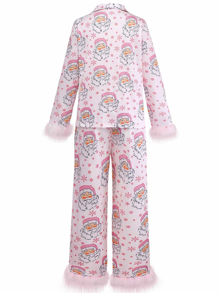 Pink 1950s Santa Print Fur Trim Pajama Set
