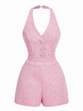 1960s Halter Pearl Button Solid Romper