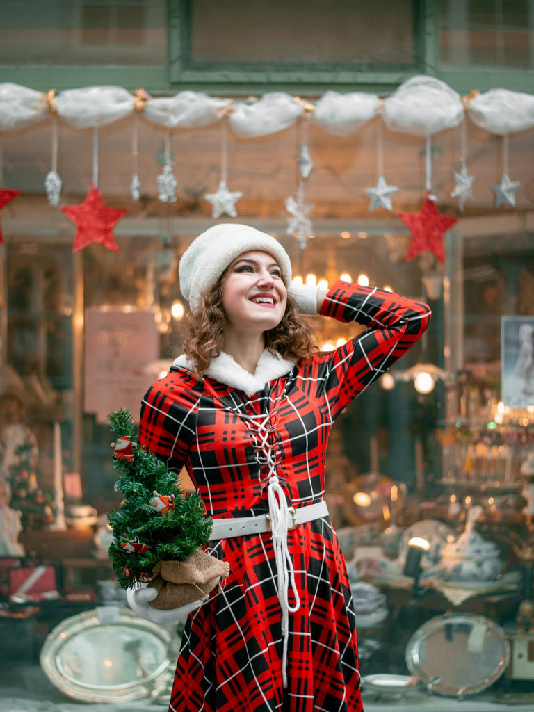 Red 1950s Plaid Lace-up Hooded Dress